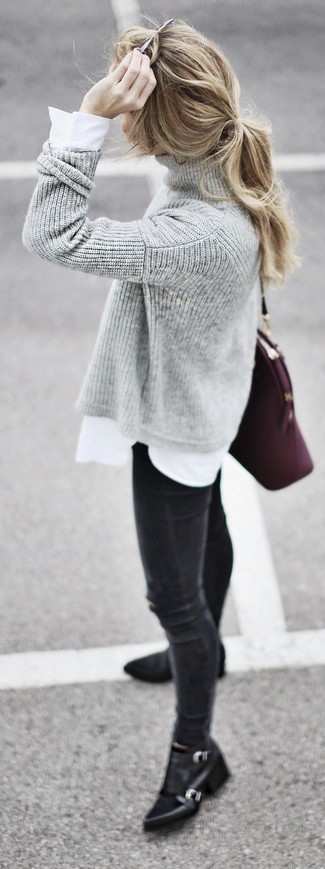 Women's Grey Knit Turtleneck, White Dress Shirt, Black Skinny Jeans, Black Leather Ankle Boots