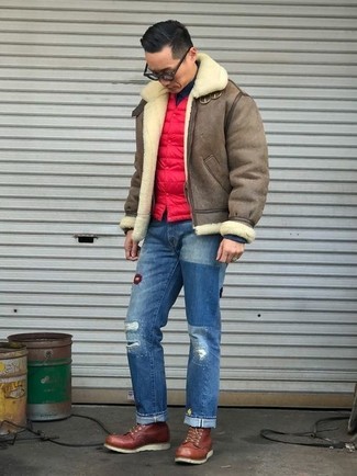 Men's Blue Ripped Jeans, Black Turtleneck, Red Quilted Gilet, Brown Shearling Jacket