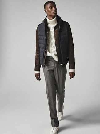 Charcoal Gilet with Turtleneck Outfits For Men: 