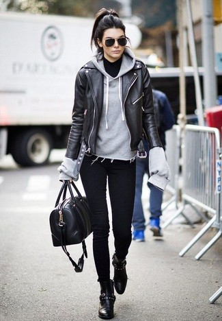 Biker Jacket with Hoodie Outfits For Women: 