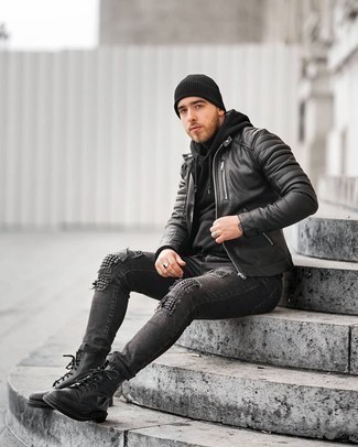Black Quilted Leather Bomber Jacket Outfits For Men: 