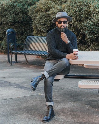 Black Knit Turtleneck Outfits For Men: The mix-and-match capabilities of a black knit turtleneck and grey jeans ensure they'll always be on constant rotation. To give this look a dressier spin, why not introduce black leather casual boots to this ensemble?