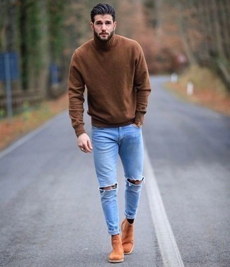 Tobacco Suede Chelsea Boots Outfits For Men: Dress in a brown wool turtleneck and light blue ripped jeans if you're looking for an outfit idea that conveys modern casual style. A pair of tobacco suede chelsea boots instantly boosts the wow factor of this getup.