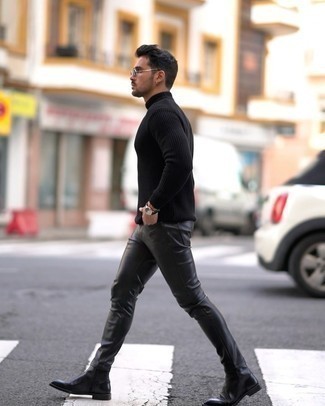 Black Wool Turtleneck Outfits For Men: Go for a pared down yet cool and casual option by marrying a black wool turtleneck and black leather jeans. Introduce black leather chelsea boots to the mix to immediately ramp up the style factor of this outfit.