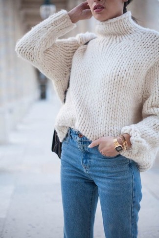 Gold Bracelet Outfits: If you gravitate towards laid-back style, why not try pairing a white knit turtleneck with a gold bracelet?