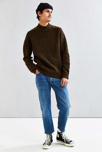 Men's Dark Brown Knit Wool Turtleneck, Blue Jeans, Black and White Canvas High Top Sneakers, Black Beanie