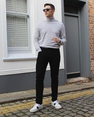 White and Red Leather Low Top Sneakers Outfits For Men: A grey turtleneck and black jeans have become must-have casual styles for most men. The whole look comes together perfectly when you introduce white and red leather low top sneakers to the equation.