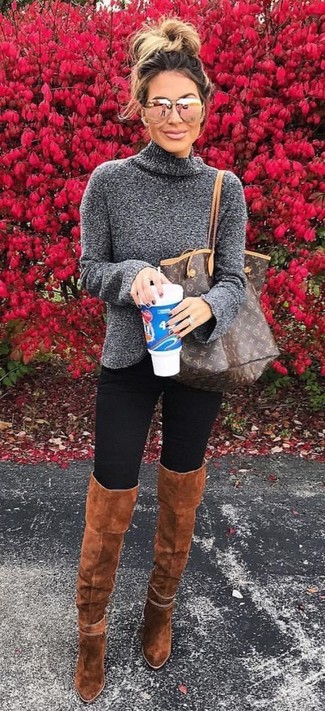 Brown Suede Over The Knee Boots Outfits: Thumbs up to this relaxed casual pairing of a charcoal turtleneck and black leggings! Showcase your sophisticated side by rounding off with brown suede over the knee boots.
