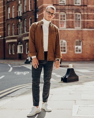 Men's White Turtleneck, Brown Long Sleeve Shirt, Charcoal Check Chinos, White Canvas Low Top Sneakers