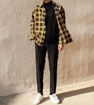 Mustard Plaid Long Sleeve Shirt Outfits For Men: For an ensemble that's super straightforward but can be styled in a variety of different ways, wear a mustard plaid long sleeve shirt with black chinos. A pair of white canvas low top sneakers can integrate seamlessly within a variety of combos.