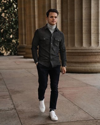 Charcoal Flannel Long Sleeve Shirt Outfits For Men: Try teaming a charcoal flannel long sleeve shirt with black chinos to demonstrate you've got serious styling prowess. If you wish to immediately tone down this outfit with a pair of shoes, add a pair of white leather low top sneakers to the equation.