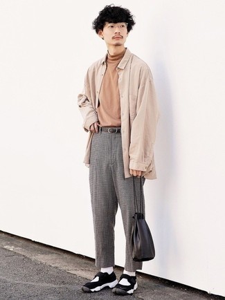 Tan Long Sleeve Shirt Outfits For Men: Go for a tan long sleeve shirt and grey check chinos for both seriously stylish and easy-to-achieve ensemble. Black and white athletic shoes are an effortless way to inject a hint of stylish effortlessness into this look.