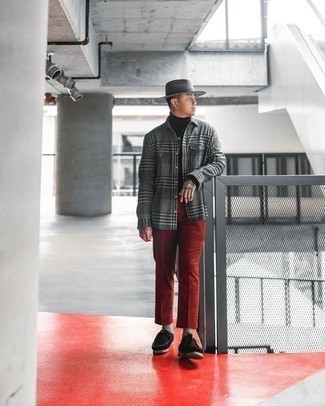 Black Canvas Desert Boots Outfits: This combo of a black turtleneck and red chinos spells comfort and casual cool. Introduce a pair of black canvas desert boots to your look for extra fashion points.