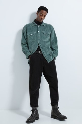 Mint Corduroy Long Sleeve Shirt Outfits For Men: For relaxed dressing with a fashionable spin, you can go for a mint corduroy long sleeve shirt and black chinos. Wondering how to round off this ensemble? Round off with a pair of black leather casual boots to lift it up.