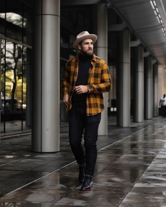 Mustard Gingham Long Sleeve Shirt Outfits For Men: Why not reach for a mustard gingham long sleeve shirt and black jeans? As well as super comfortable, both of these pieces look amazing matched together. Feeling inventive? Elevate your look with a pair of black leather casual boots.