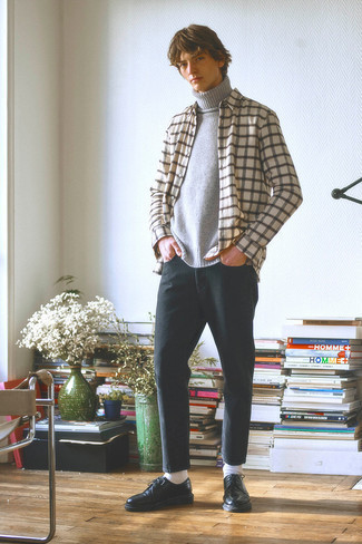 Beige Plaid Long Sleeve Shirt Outfits For Men: Why not marry a beige plaid long sleeve shirt with charcoal jeans? Both of these pieces are totally comfortable and will look great when worn together. Go off the beaten path and spice up your look with a pair of black leather derby shoes.