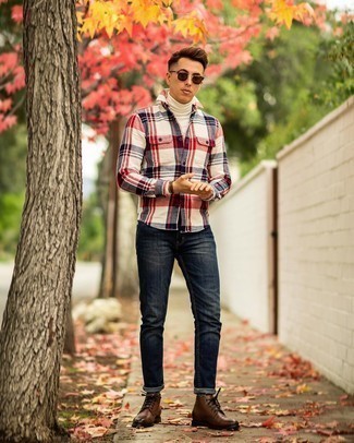 Men's White Turtleneck, White and Red and Navy Plaid Flannel Long Sleeve Shirt, Navy Jeans, Dark Brown Leather Casual Boots