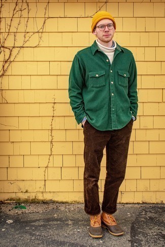 Olive Wool Long Sleeve Shirt Outfits For Men: For a casual outfit with a fashionable spin, opt for an olive wool long sleeve shirt and a dark green wool long sleeve shirt. Add a pair of tobacco leather snow boots to the equation to keep the ensemble fresh.