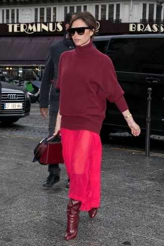 Victoria Beckham wearing Burgundy Wool Turtleneck, Hot Pink Chiffon Maxi Dress, Burgundy Leather Knee High Boots, Burgundy Leather Satchel Bag
