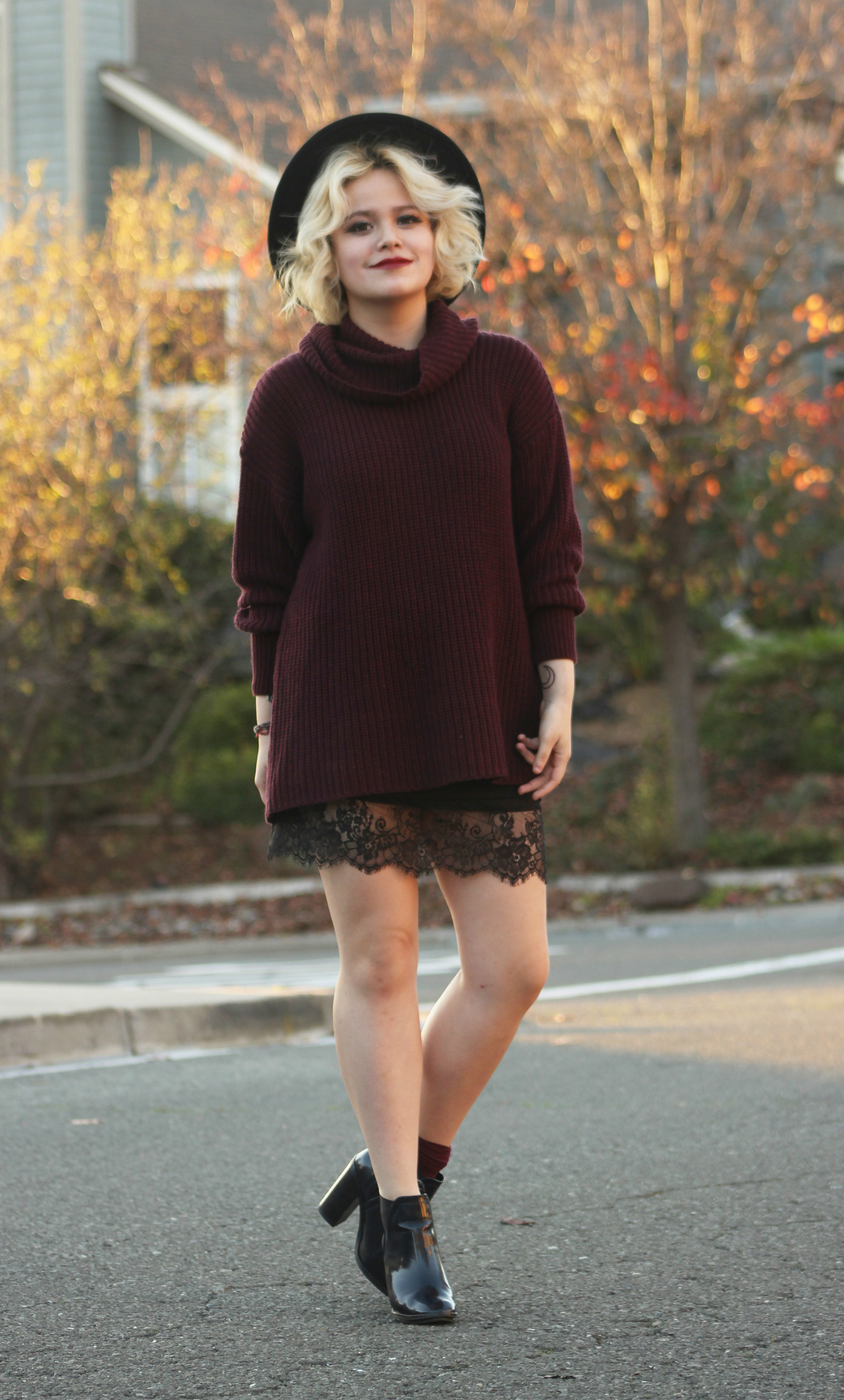 Women s Burgundy Knit Turtleneck Black Lace Mini Skirt Black