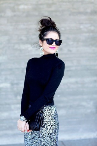Women's Black Turtleneck, Silver Sequin Pencil Skirt, Black Leather Clutch, Black Sunglasses