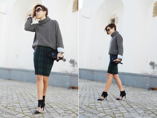 Women's Charcoal Knit Turtleneck, Navy and Green Plaid Pencil Skirt, Black Cutout Leather Pumps, Black Leather Clutch