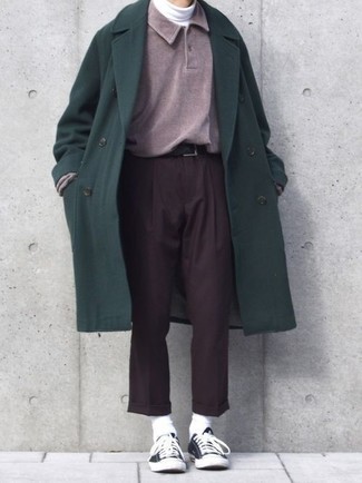 Men's Dark Brown Dress Pants, White Turtleneck, Purple Polo Neck Sweater, Dark Green Overcoat