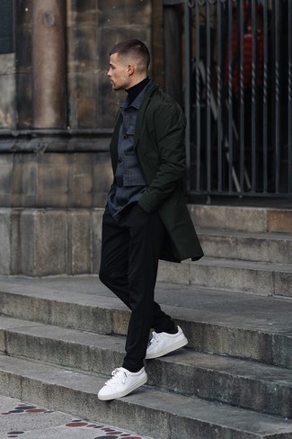 Black Turtleneck with White Leather Low Top Sneakers Outfits For Men: 