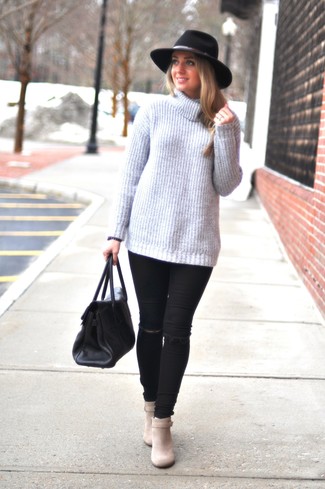 Women's Grey Knit Turtleneck, Black Ripped Skinny Jeans, Beige Suede Ankle Boots, Black Leather Tote Bag