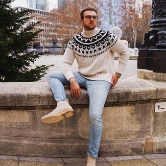 Men's White and Black Fair Isle Turtleneck, Light Blue Skinny Jeans, Beige Suede Chelsea Boots, Clear Sunglasses