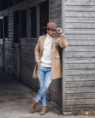 Men's White Knit Wool Turtleneck, Light Blue Ripped Skinny Jeans, Brown Suede Chelsea Boots, Tan Wool Hat