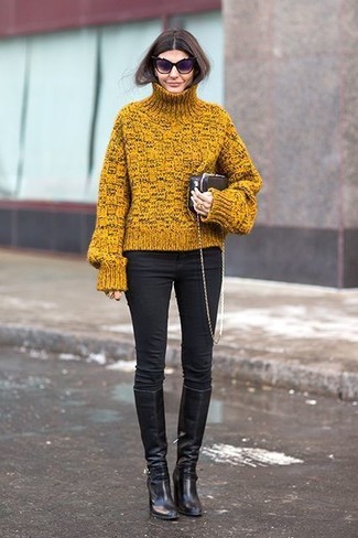 Mustard Knit Turtleneck Outfits For Women: Dress in a mustard knit turtleneck and blue skinny jeans to parade your styling smarts. As for footwear, add a pair of black leather knee high boots to the equation.