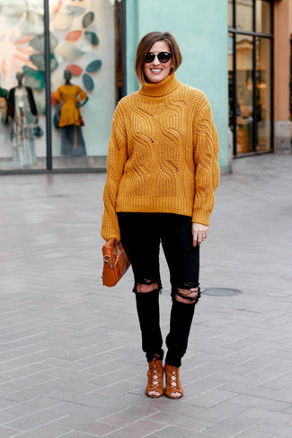 Women's Orange Knit Turtleneck, Black Ripped Skinny Jeans, Tobacco Suede Lace-up Ankle Boots, Tobacco Leather Crossbody Bag