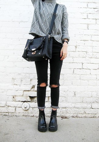 Women's Grey Knit Turtleneck, Black Ripped Skinny Jeans, Black Leather Wedge Ankle Boots, Black Leather Crossbody Bag