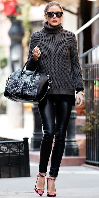Olivia Palermo wearing Charcoal Turtleneck, Black Leather Skinny Pants, Black Leather Tote Bag, Black Sunglasses