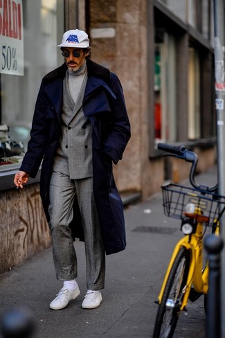 Navy Fur Collar Coat Outfits For Men: 