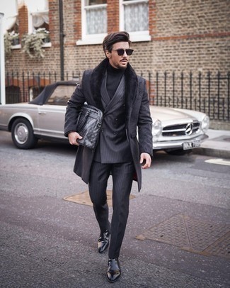 Men's Black Leather Chelsea Boots, Black Turtleneck, Charcoal Vertical Striped Suit, Black Fur Collar Coat