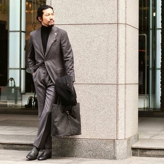 Men's Charcoal Leather Loafers, Black Turtleneck, Dark Brown Vertical Striped Suit, Dark Brown Overcoat