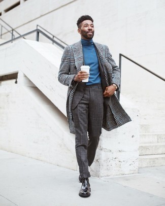 Men's Black Leather Chelsea Boots, Blue Turtleneck, Charcoal Plaid Suit, Grey Plaid Overcoat