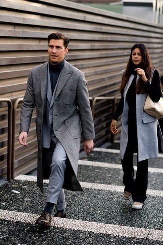 Men's Dark Brown Leather Derby Shoes, Navy Wool Turtleneck, Grey Suit, Grey Plaid Overcoat