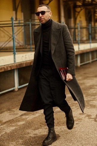 Men's Black Leather Work Boots, Black Turtleneck, Black Suit, Charcoal Overcoat