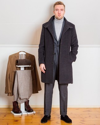 Men's Black Suede Loafers, Grey Turtleneck, Charcoal Suit, Charcoal Overcoat