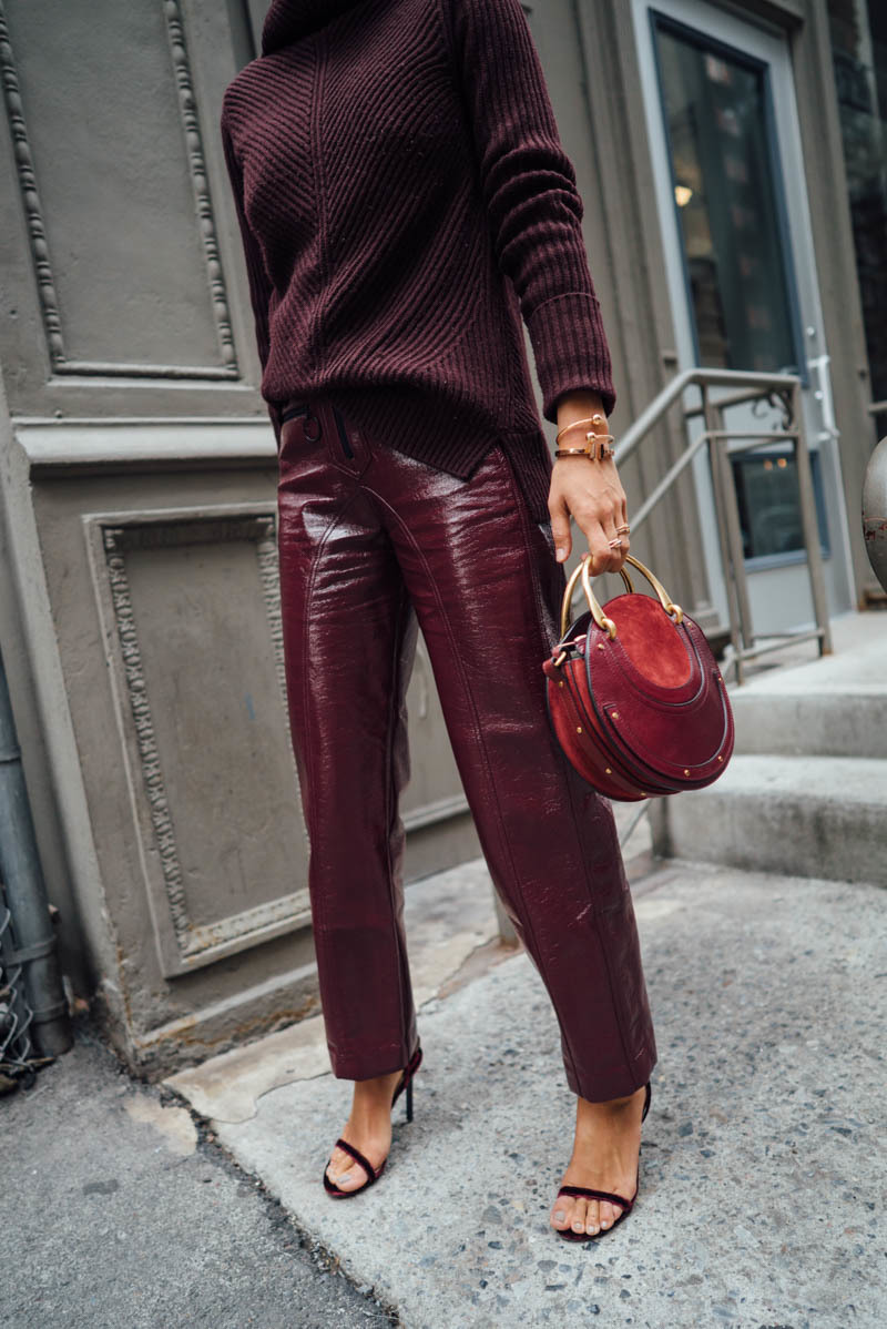 Women's Burgundy Knit Turtleneck, Burgundy Leather Tapered Pants, Burgundy  Suede Heeled Sandals, Red Leather Clutch