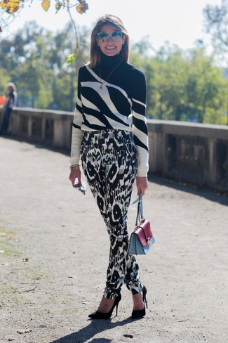 Women's Black and White Turtleneck, Black and White Print Tapered Pants, Black Suede Pumps, Multi colored Leather Crossbody Bag