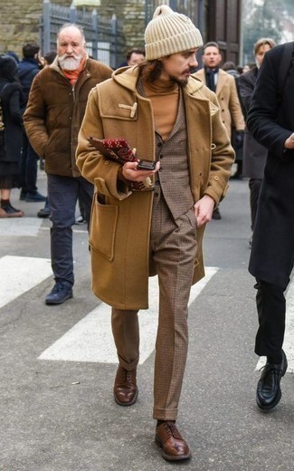 Men's Brown Check Wool Dress Pants, Tan Turtleneck, Brown Check Wool Waistcoat, Camel Duffle Coat