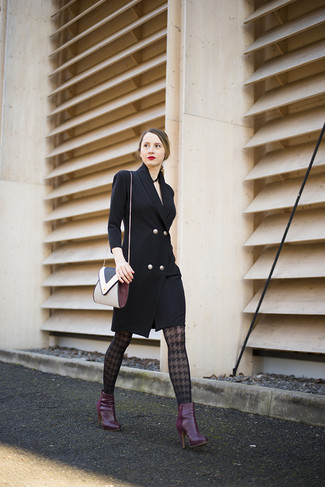 Burgundy Leather Ankle Boots Outfits: This look with a black tuxedo dress isn't a hard one to pull off and easy to change. Let your sartorial credentials really shine by complementing this look with burgundy leather ankle boots.
