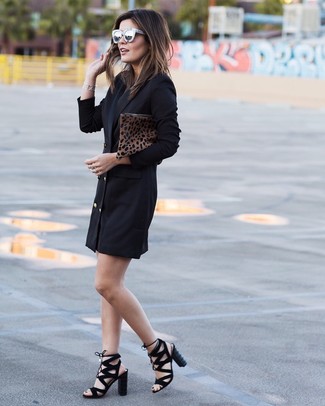 Black Suede Heeled Sandals Outfits: For an ensemble that's elegant and envy-worthy, opt for a black tuxedo dress. A good pair of black suede heeled sandals will never date.
