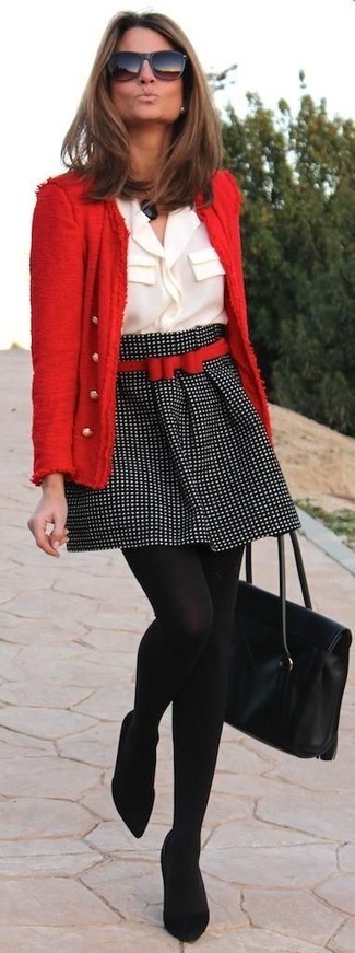 Women's Red Tweed Jacket, White Button Down Blouse, Black and White Polka Dot Skater Skirt, Black Suede Pumps
