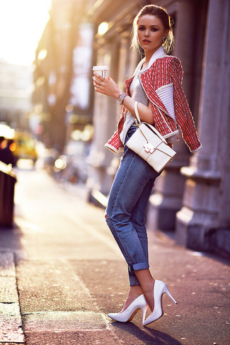 Women's Red Tweed Jacket, Grey Crew-neck T-shirt, Blue Ripped Skinny Jeans, White Leather Pumps