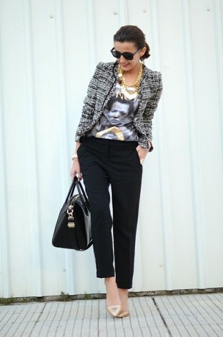 Women's Grey Tweed Jacket, White and Black Print Crew-neck T-shirt, Black Tapered Pants, Gold Leather Pumps
